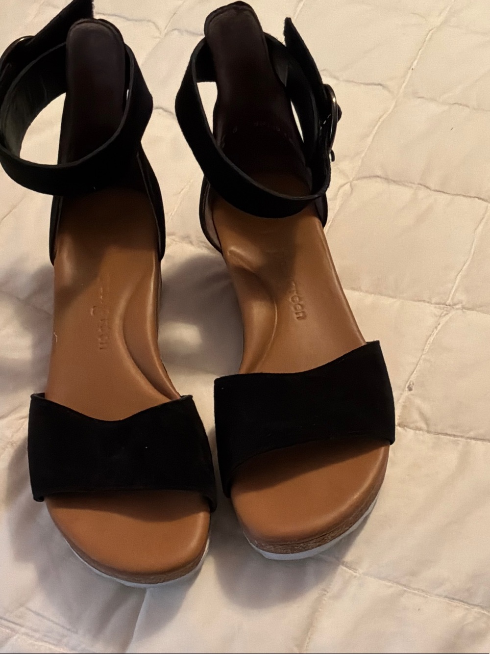 Paul Green Black Suede Ankle-Strap Wedge Sandals